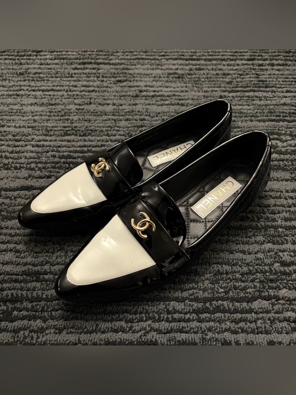 CHANEL Black/White Slip On Patent Leather Pointed Toe Stacked Heel Loafer